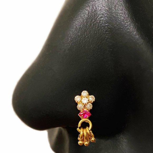 Dangle Flower Nosering Indian Made With 925 Sterling Silver With Gold Plating - Picture 2 of 2